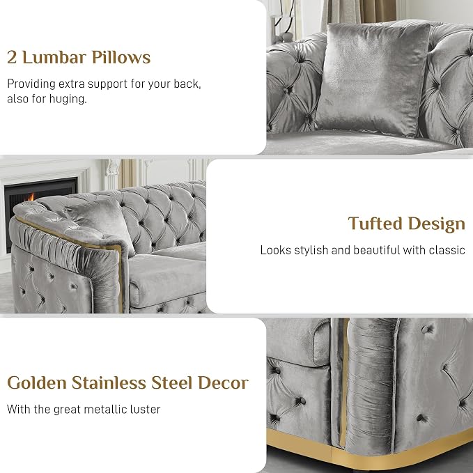 DAMAIFROM Velvet Couch Grey and Gold Sofa Luxury Loveseat 84.6" Mid Century - Image 3