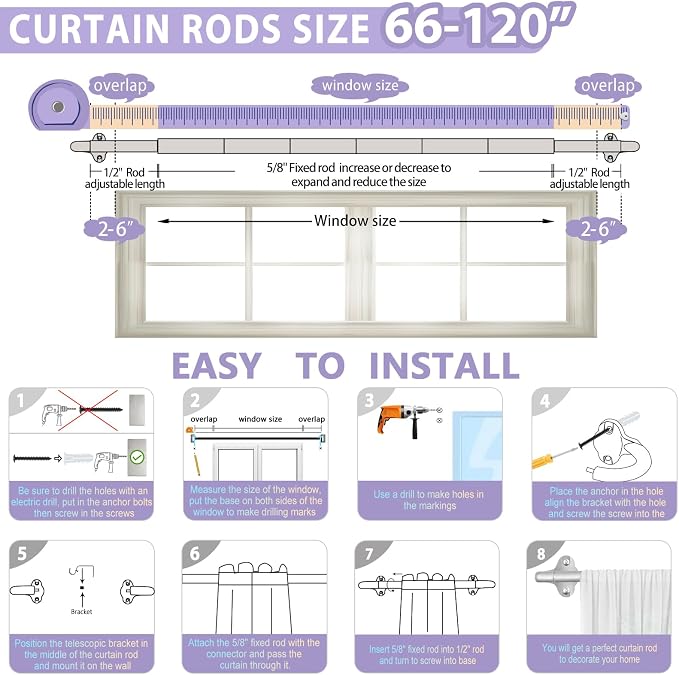 TVWOO Silver Wrap Around Curtain Rods:5/8In Blackout Adjustable Window Curtain - Image 7