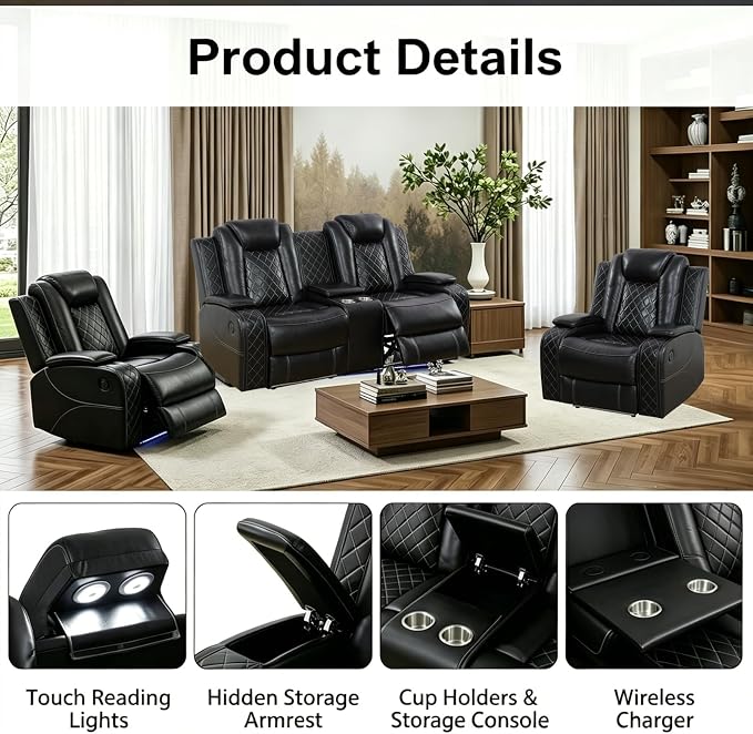 Power Recliner Sofa Set with LED Lights, Includes 2 Manual Recliner 1 Seat and - Image 4