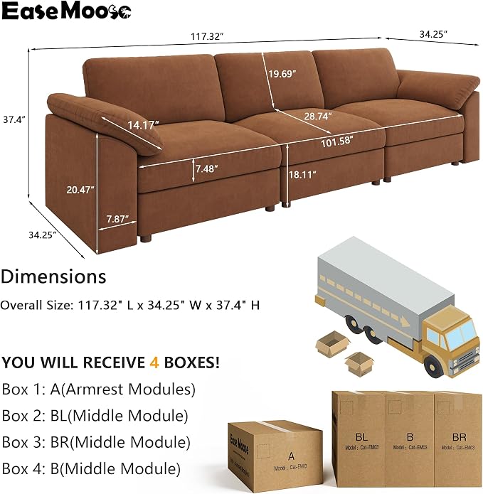 EASE MOOSE Brown Sectional Modular Sofa, Comfty 3 Seat Cloud Couch, FSC - Image 2