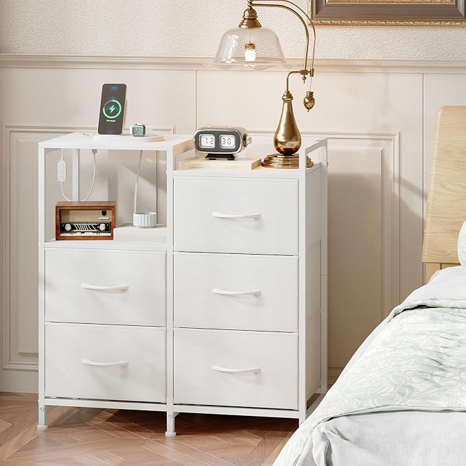 Somdot White Nightstand with Charging Station and LED Light, Wide 5 Drawers - Image 8
