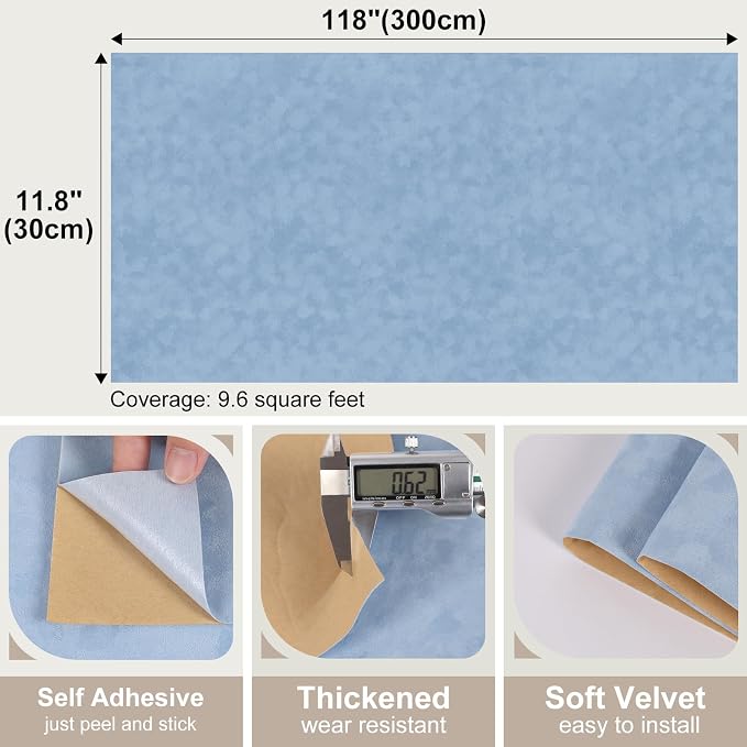 Self Adhesive Velvet Drawer Liner Roll Light Blue Curshed Velvet Wallpaper Peel - Image 7