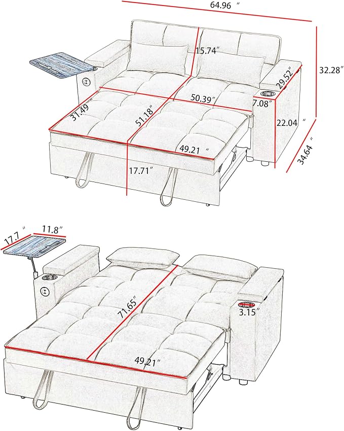 hansones 65'' 3-in-1 Folding Convertible Sofa Bed, Queen Size Pullout Sofa - Image 2