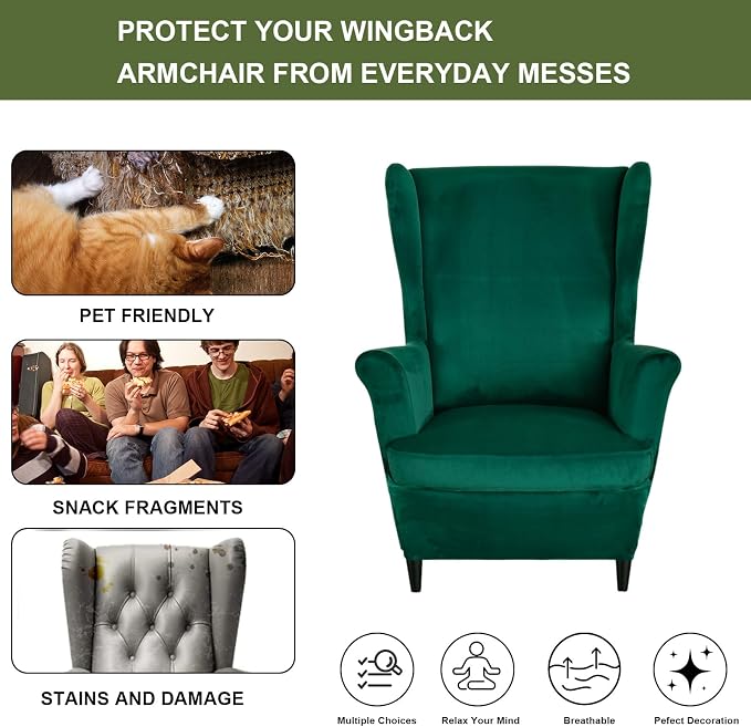 HAOYONG Velvet Wingback Armchair Covers 2-Piece Elastic Stretch Wingback Chair - Image 5