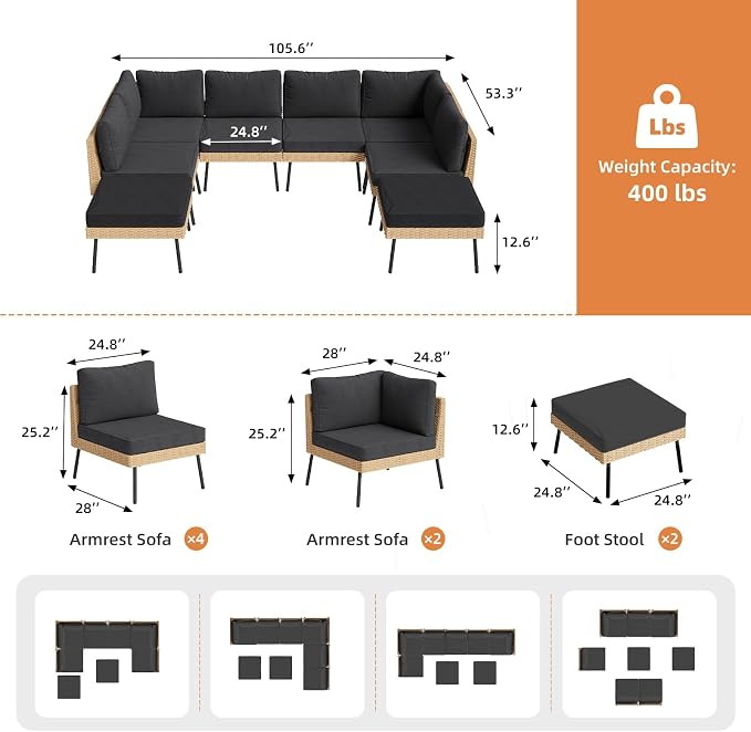 Aoxun 8-Piece Patio Furniture Set, Wicker Outdoor Furniture - Image 8