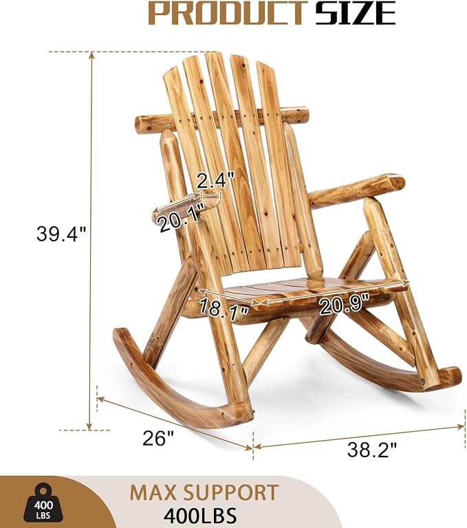 Outvita Wooden Rocking Chair Set of 2, Fir Log Adirondack Rocker, Outdoor Wood - Image 3