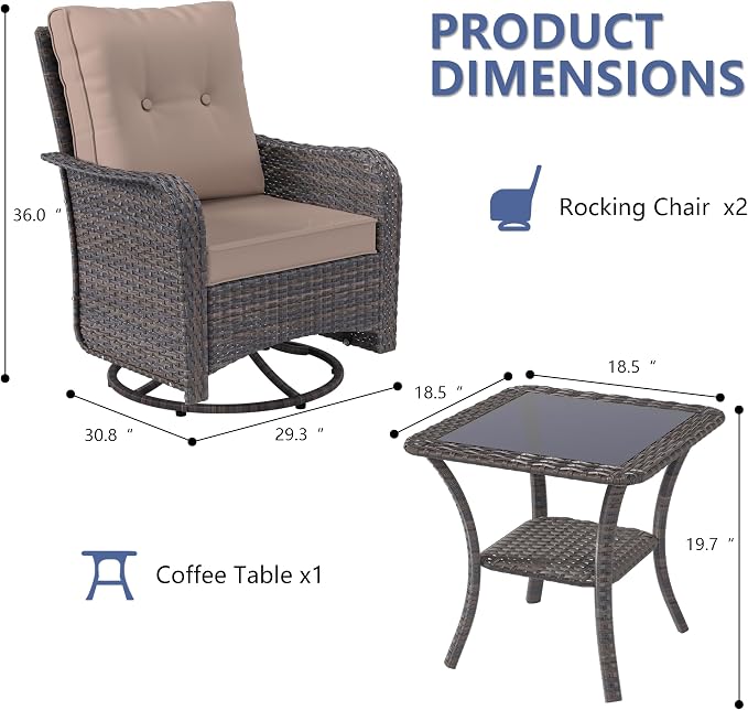 ALAULM 3 Piece Wicker Patio Chairs Outdoor Swivel Rocker Chairs - Image 3