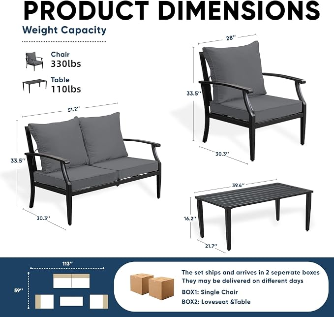 4-Piece Patio Conversation Set, Oversized Outdoor Metal Furniture Set - Image 2