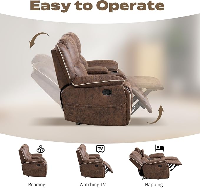 EBELLO Faux Leather Manual Recliner Sofa Set, 2 Seat Reclining Chair and a - Image 5