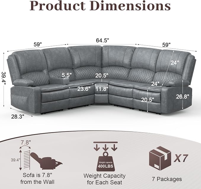 Yolsali Manual Reclining Sectional Sofa Set, 5 Seats Soft Leather Recliner - Image 2
