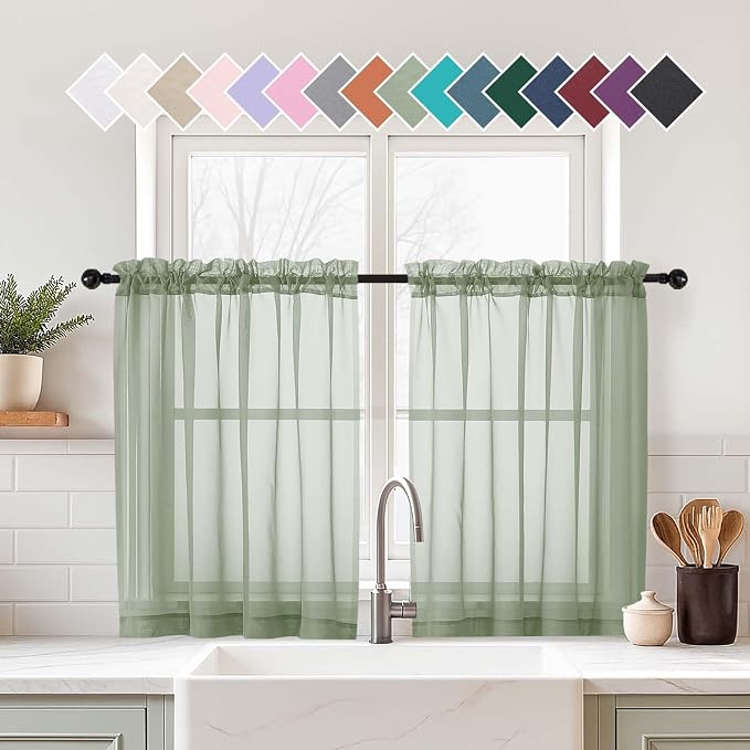 Sage Green Small Sheer Curtains Tier 24 Inches Length 2 Pieces, Light Filtering by Home