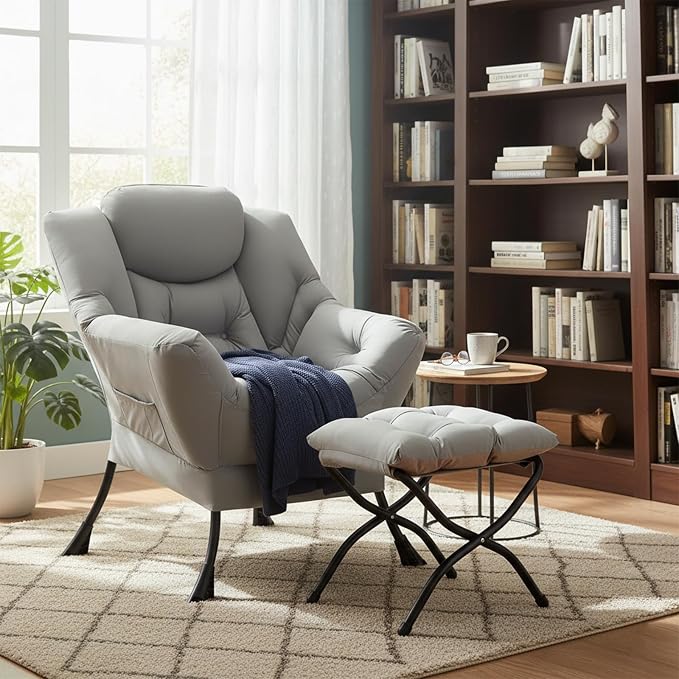 Welnow Lazy Chair with Ottoman, Modern Accent Chair with Armrests and a Side - Image 9