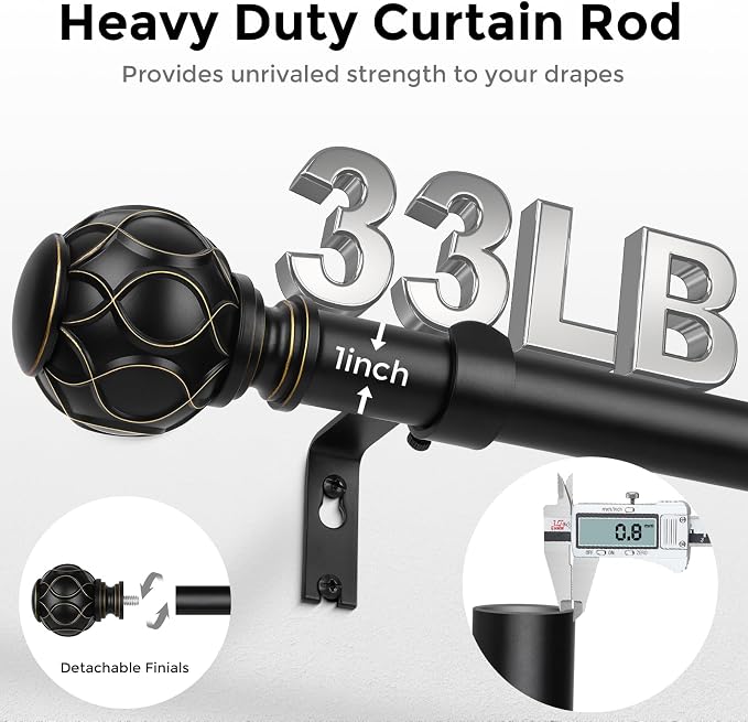 2 Pack Black Curtain Rod, Heavy Duty 1 Inch Decorative Curtain Rods - Image 3