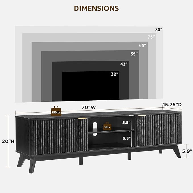 OKD 70" Mid Century Modern Fluted TV Stand, Entertainment Center, Media Console - Image 2