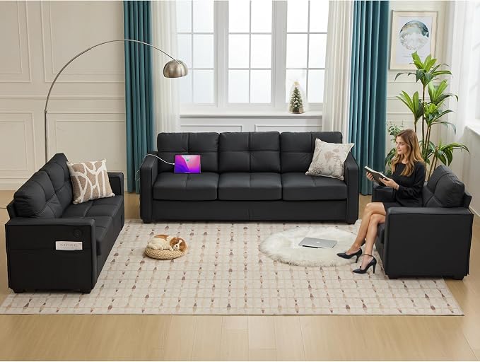 TYBOATLE Black Faux Leather Sofa Sectional Couches by TYBOATLE