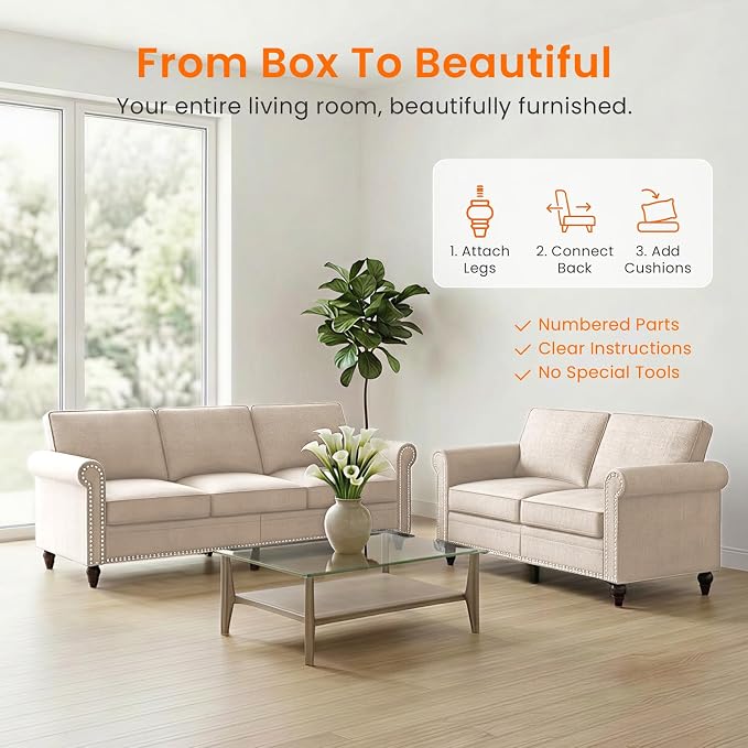 Living Room Sofa Sets 2 Piece, Modern 3 Seater Sofa and Loveseat Couch Sets - Image 6