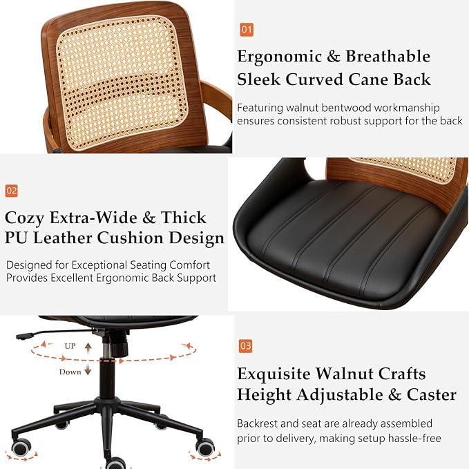 Home Office Desk Chair with Ergonomic Rattan Backrest, Walnut Crafts, Curved - Image 3
