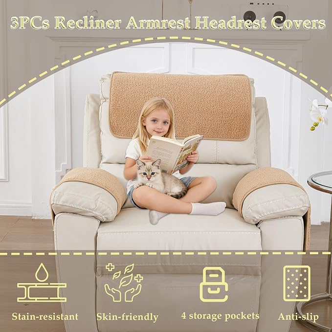 Armrest Covers - Arm Chair Covers Set of 3 Recliner Chair Covers, - Image 2