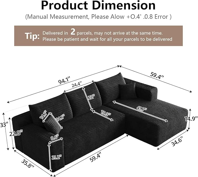 95" Cloud Sectional Couch with L-Shape Chaise, Modern Cloud Couch with Deep Seat - Image 2