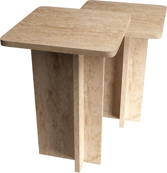 Travertine Efect Square Nesting Table Set of 2 Modern Coffee Table Small Side - Image 3