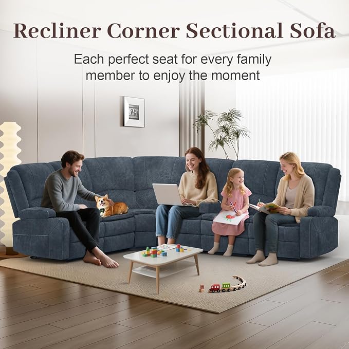 Yolsali Manual Reclining Sectional Sofa Set, 6 Seats Soft Fabric Recliner - Image 3