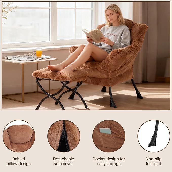 Welnow Lazy Chair with Ottoman, Modern Accent Chair with Armrests and a Side - Image 4