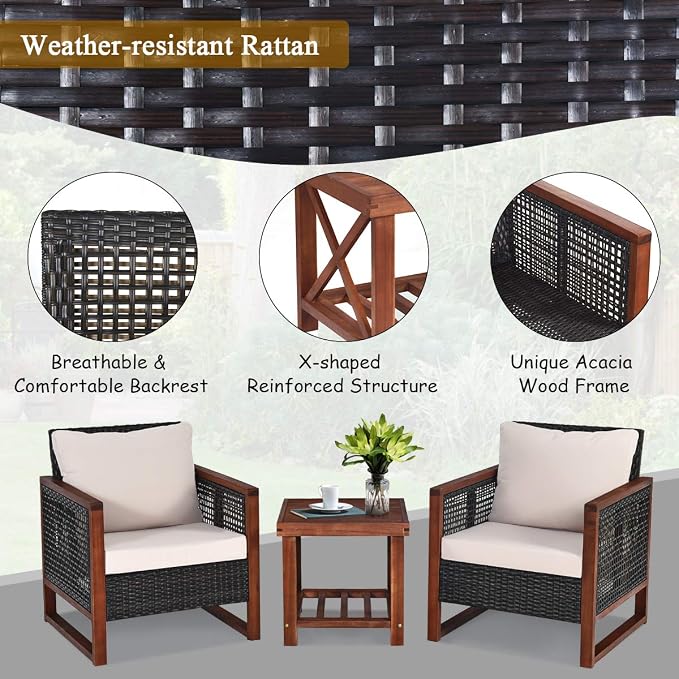 Tangkula 3 Pieces Patio Wicker Furniture Set, Rattan Outdoor Sofa Set - Image 8