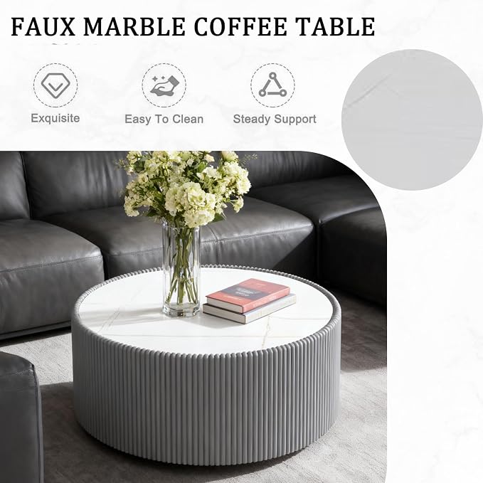 29.52" Round Marble Coffee Table, Modern Fluted Coffee Table w/White Sintered - Image 5