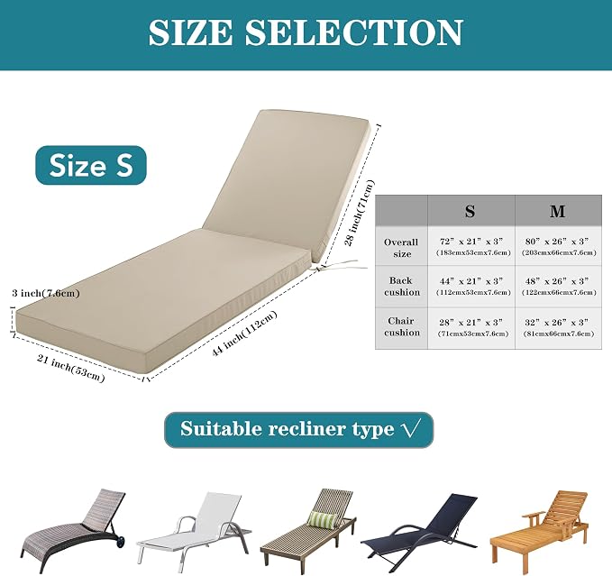 Chaise Lounge Cushion for Outdoor Furniture, Waterproof Fade and Tear Resistant - Image 3