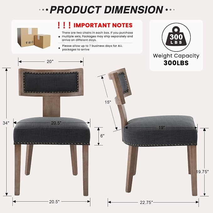 HNY Mid Century Modern Dining Chairs Set of 2, Farmhouse Linen Fabric - Image 2