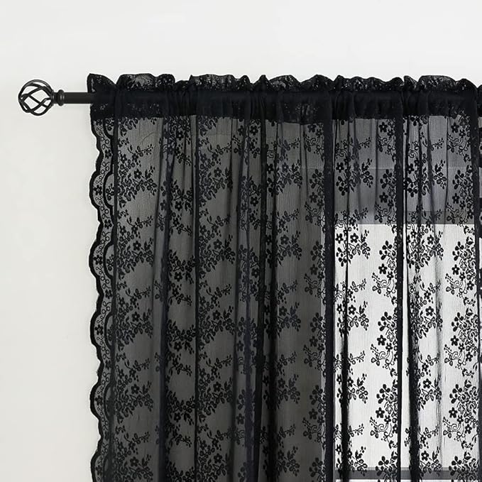 YJ YANJUN Vintage Lace Curtains 72 inch Length Goth Black Floral Sheer - Image 3