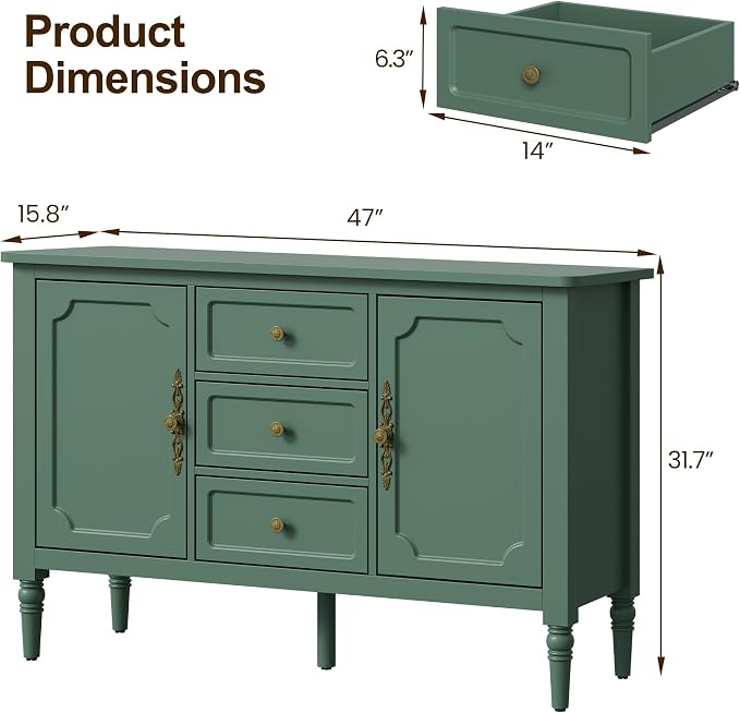 FansaFurn Green Storage Cabinet, Mid-Century Buffet Cabinet - Image 2
