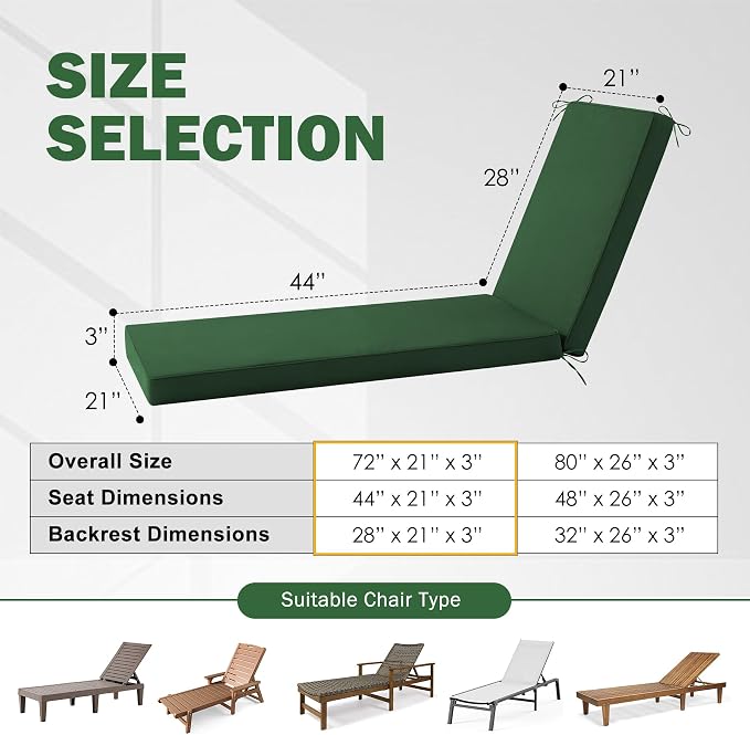 2 Pcs Chaise Lounge Cushions Outdoor Set of 2, Outdoor Chaise Cushion - Image 2