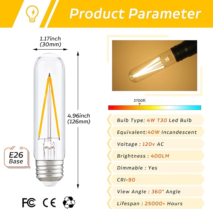 Dimmable E26 T30 T10 LED Bulb Long Tube Light Bulb 4W, Type T Tubular Light - Image 3