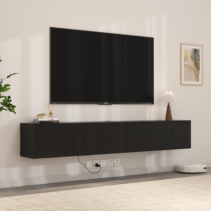 71” Floating TV Stand with LED Lights & Charging Station, Floating Media - Image 2