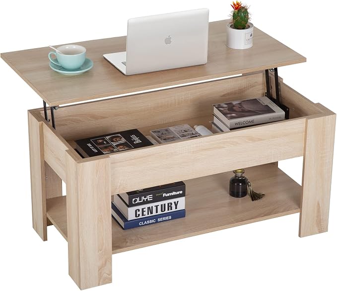 Lift Top Coffee Table with Lift Tabletop Hidden Compartment and Storage Shelf by FDW