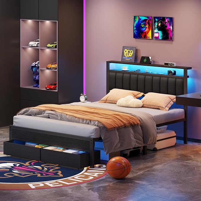 Furnulem Queen Bed Frame with Charging Station and LED Lights, Metal Platform - Image 4