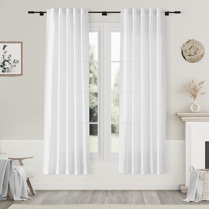 Nanspring White Semi Sheer Linen Curtains 72 inch Length by Nanspring