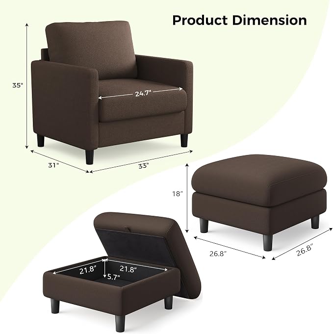 Welzona Sofa Accent Chair with Ottoman, Tool-Free Setup Living Room Accent - Image 2