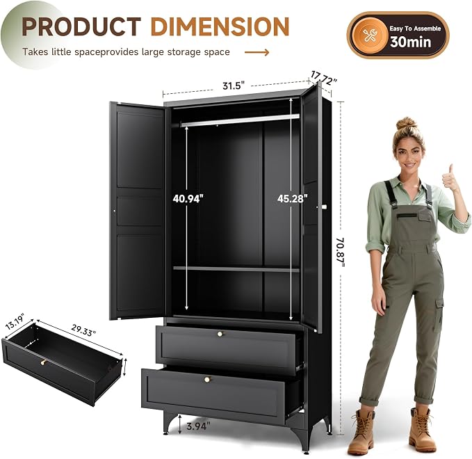 Letaya 71" Metal Wardrobe Cabinets - Image 3