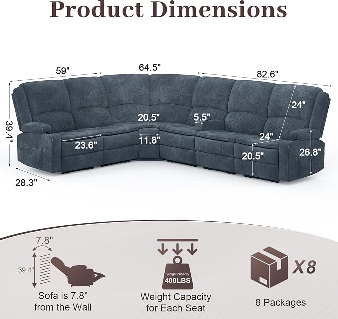 Yolsali Manual Reclining Sectional Sofa Set, 6 Seats Soft Fabric Recliner - Image 2