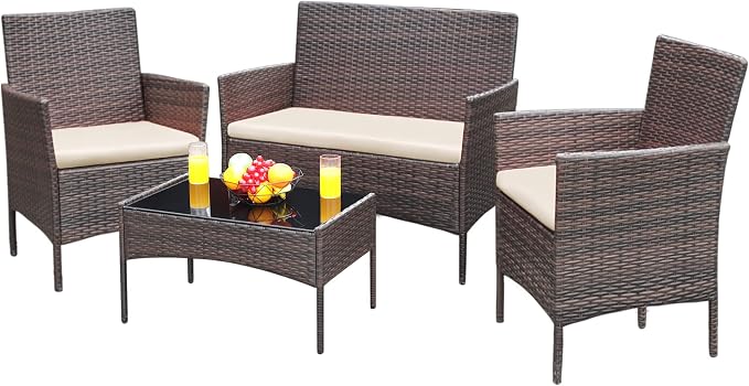 Greesum Patio Furniture 4 Pieces Conversation Sets Outdoor Wicker Rattan Chairs by BuynowfromGreesum