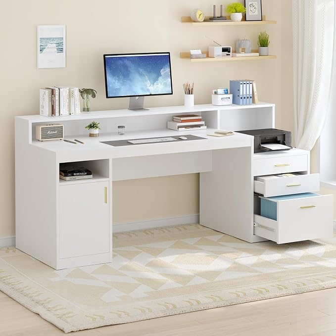 YOMILUVE Computer Desk with 3 Drawer & Storage Shelves, Home Office Desk with - Image 3