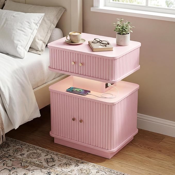 Nightstand with Charging Station, Modern Night Stand with Smart Led Light and 2 - Image 4