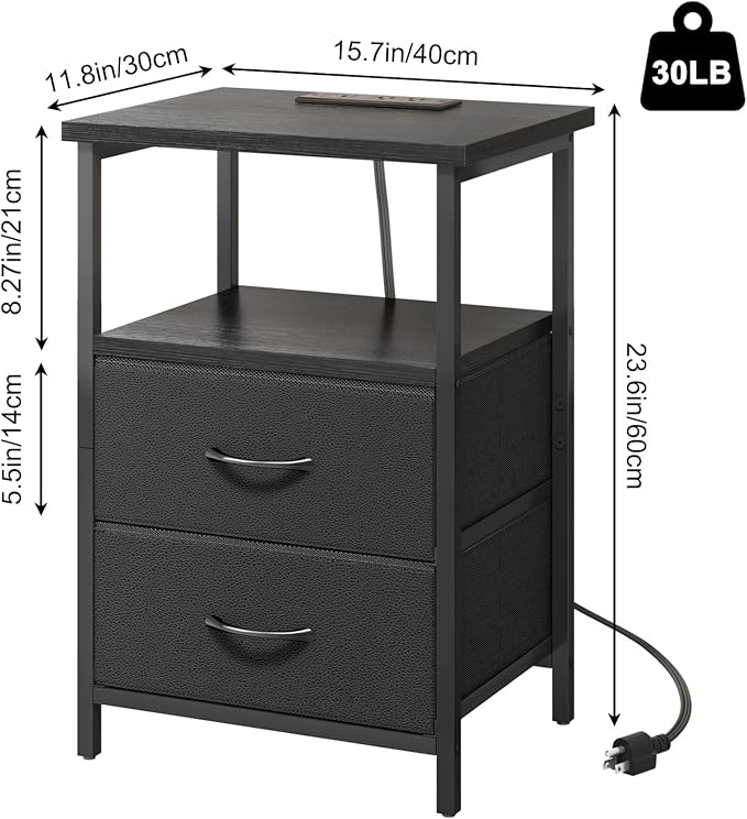 Fixwal Black Night Stand with Charger Station, Nightstand with Charging Station - Image 3