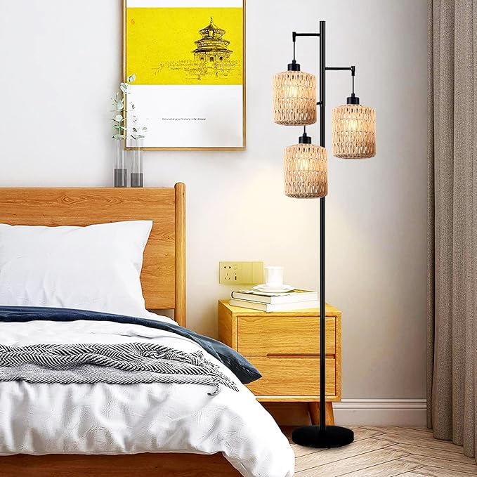 QIYIZM Floor Lamp for Living Room, 3-Lights Boho Rattan Tree Floor Lights - Image 3