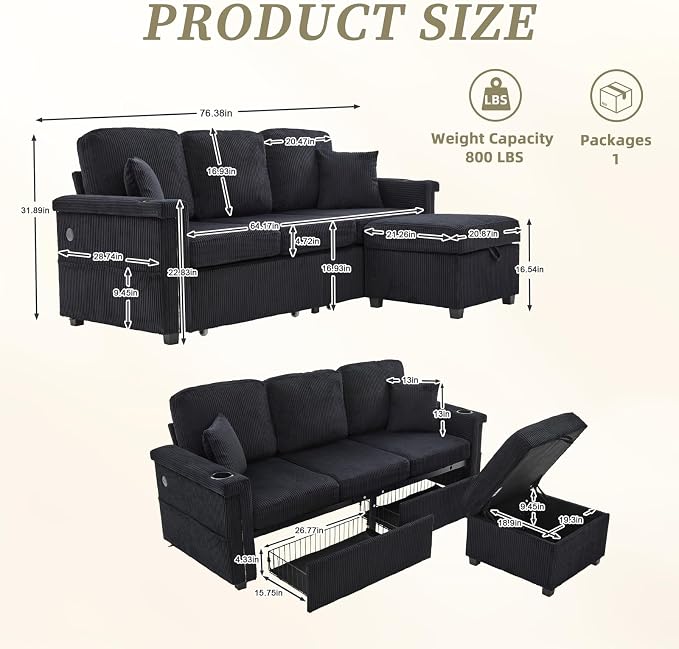 L-Shaped Sectional Sofa with Storage & Movable Ottoman, Corduroy 3 Seater - Image 2