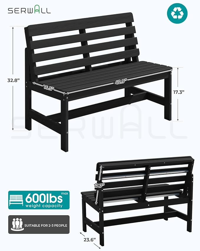 SERWALL Outdoor Bench, All Weather HDPE Outdoor Benches, 2-Person Armless Porch - Image 3