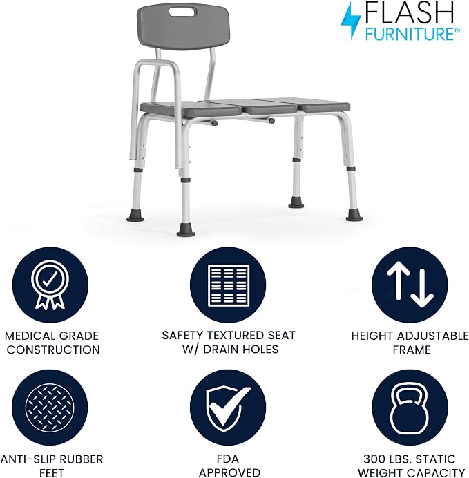 Flash Furniture HERCULES Series 300 Lb. Capacity Adjustable Gray Bath & Shower - Image 2