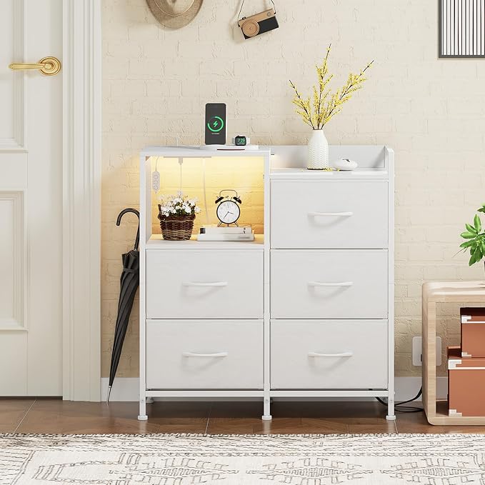 Somdot White Nightstand with Charging Station and LED Light, Wide 5 Drawers - Image 9